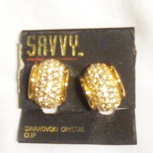 Savvy Swarovski Gold Tone Clear Crystal Clip Earrings new